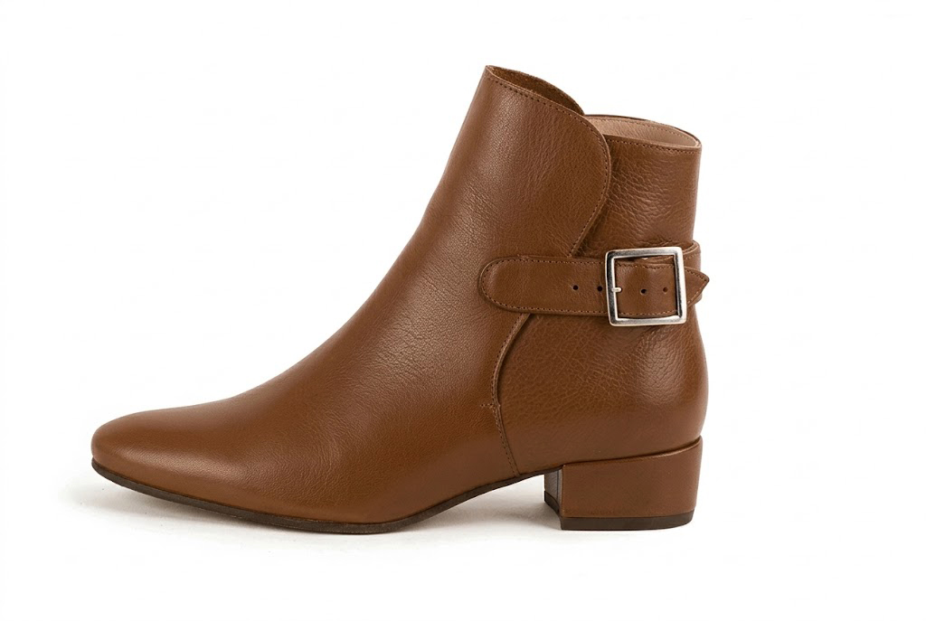 Sophisticated leather ankle boots detailed with an elegant back buckle and heel-strap finish for a distinct couture look, in cognac leather with round toe and low block heel - Florence KOOIJMAN